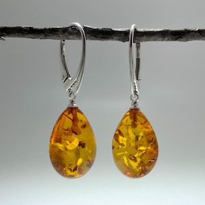 Sterling silver genuine Baltic amber teardrop leverback earrings