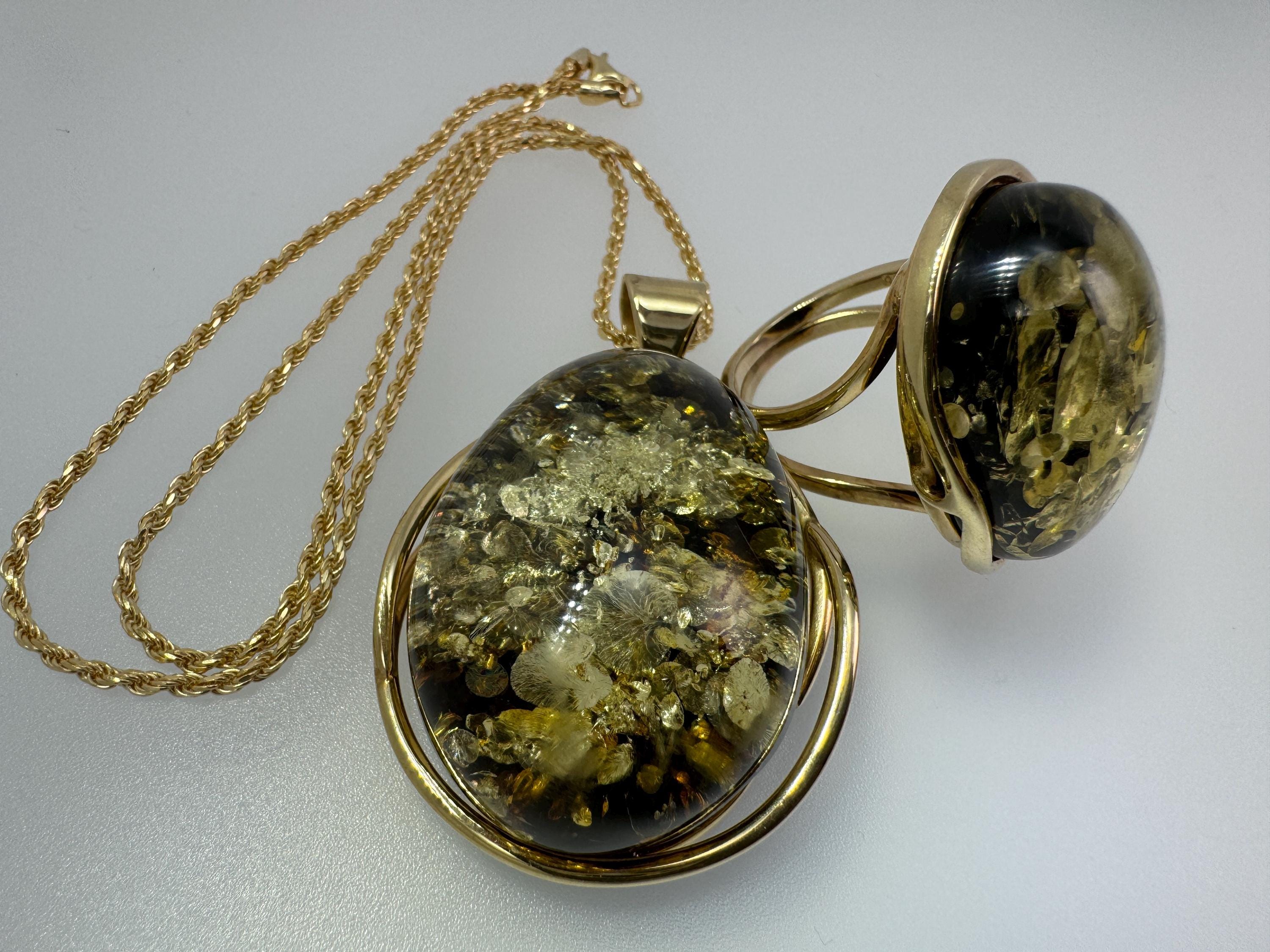 Handmade Baltic green amber one-of-a-kind pendant and ring set