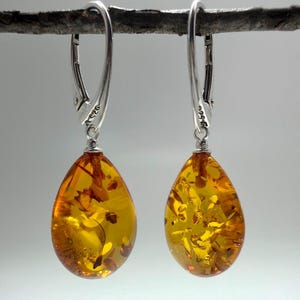 Sterling silver genuine Baltic amber teardrop leverback earrings image 7