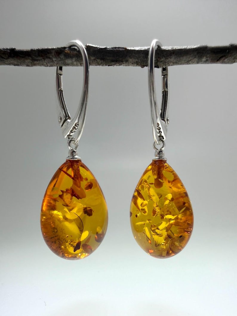 Sterling silver genuine Baltic amber teardrop leverback earrings image 7