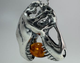 Bold Sterling Silver & Genuine Baltic Amber Tyrannosaurus Rex Head Pendant – Statement Dinosaur Jewelry for Boys and Men