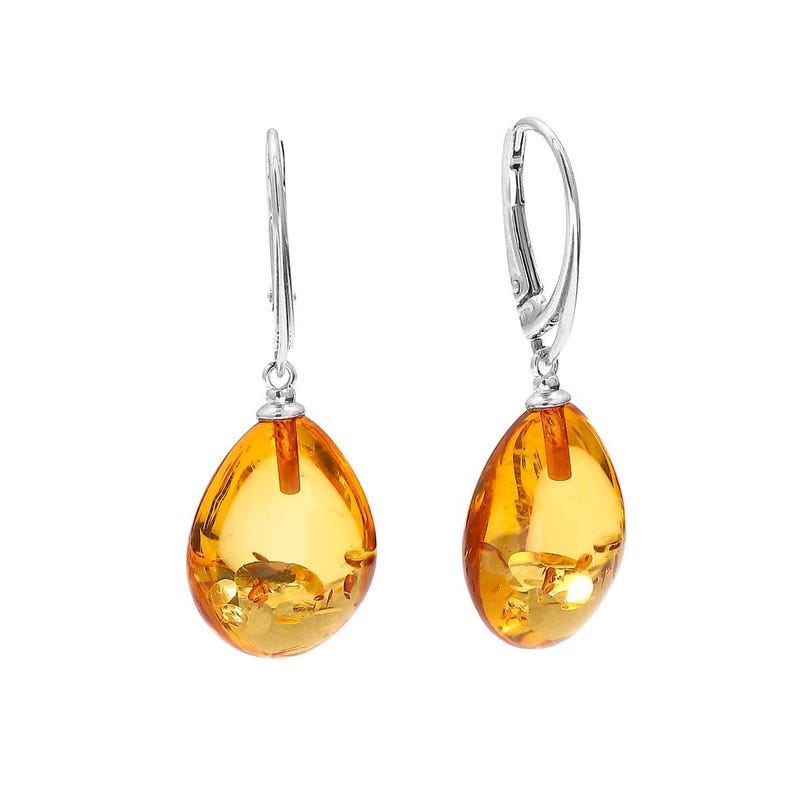 Sterling silver genuine Baltic amber teardrop leverback earrings image 9