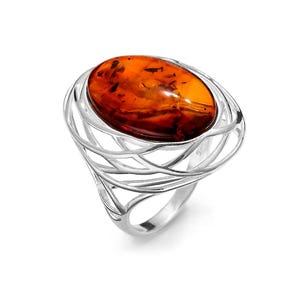 Bague cabochon ovale en argent sterling et ambre de la Baltique cognac