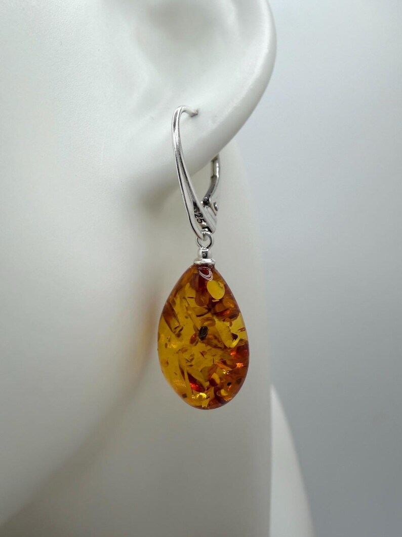 Sterling silver genuine Baltic amber teardrop leverback earrings image 6