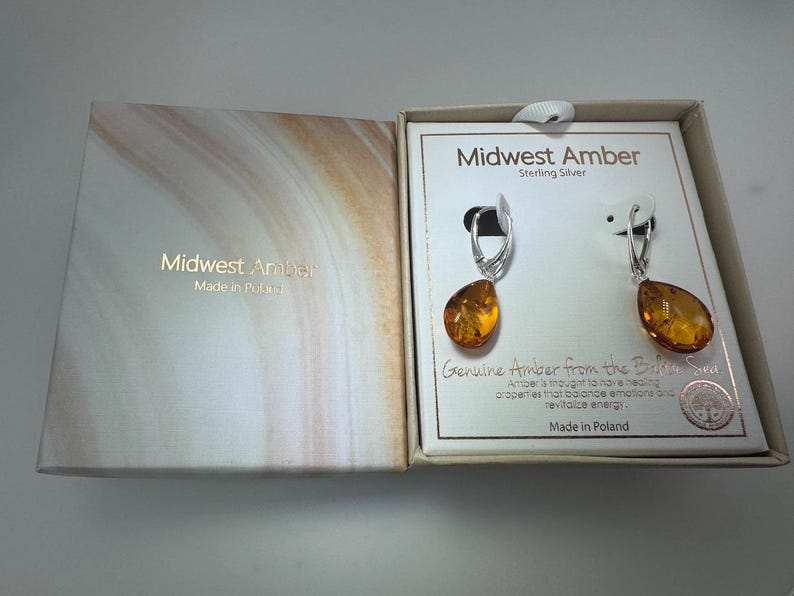 Sterling silver genuine Baltic amber teardrop leverback earrings image 10