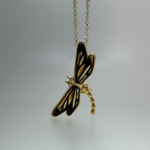 Genuine Baltic Amber Dragonfly Pendant with Hand-Etched Wings on Gold Plated Sterling Silver Chain