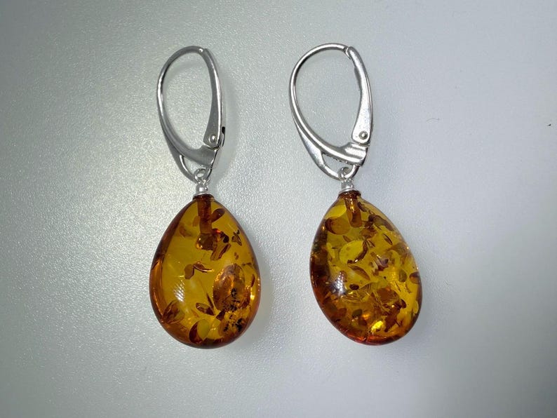 Sterling silver genuine Baltic amber teardrop leverback earrings image 8