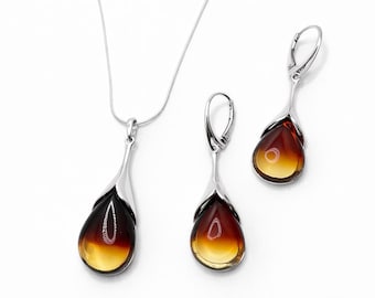 Handgefertigter Anhänger und Ohrringe aus baltischem Bernstein, Sterlingsilber-Schmuckset