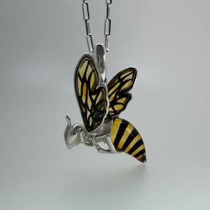 Sterling Silver Baltic Amber Bumblebee Pendant – Hand Etched Wings – One-of-a-Kind Insect Jewelry