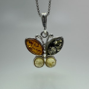 Sterling Silver Multicolor Baltic Amber Butterfly Pendant – Handmade in Poland - Sterling Silver Chain Option