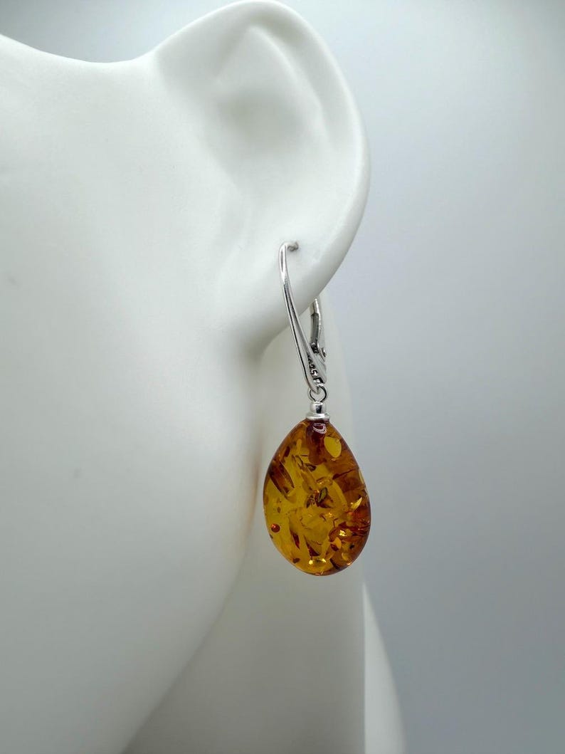 Sterling silver genuine Baltic amber teardrop leverback earrings image 5
