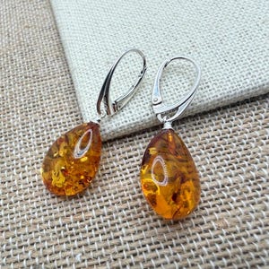Sterling silver genuine Baltic amber teardrop leverback earrings image 2