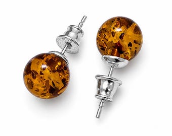 Genuine Baltic Amber Stud Earrings, Honey 8mm Round Ball, Sterling Silver Post