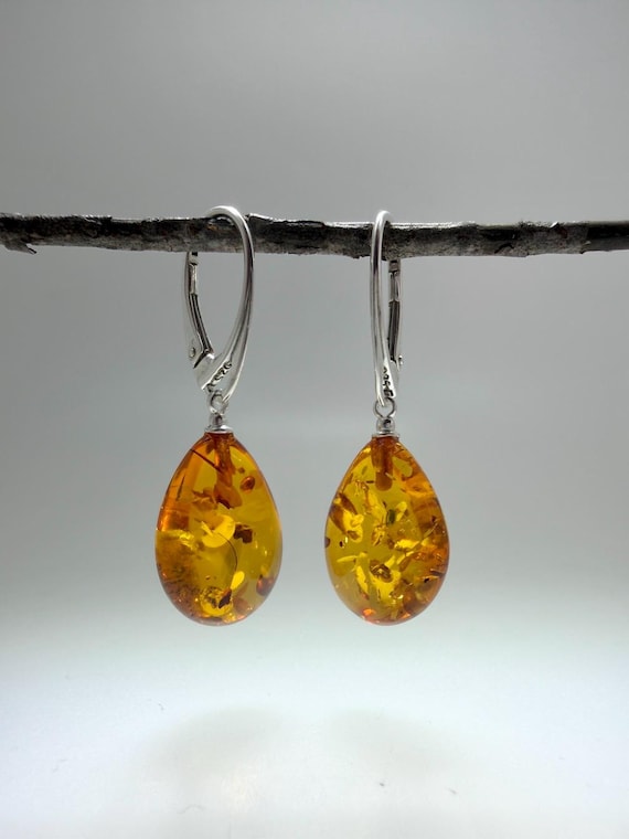 Sterling silver genuine Baltic amber teardrop leverback earrings