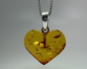 Genuine Baltic amber heart pendant on sterling silver box chain