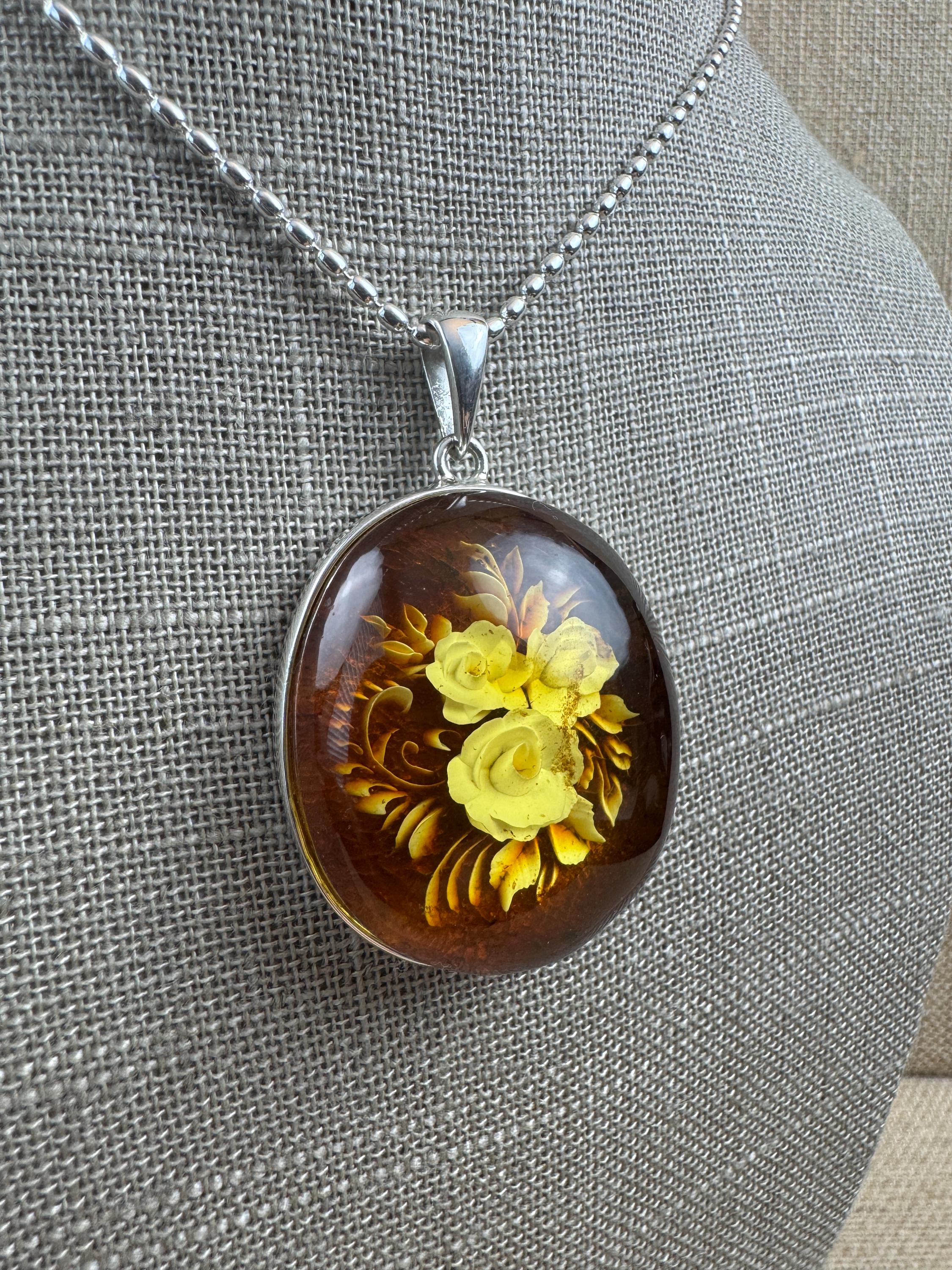 One-of-a-Kind Hand-Etched Baltic Amber Cameo Intaglio Pendant in Sterling Silver