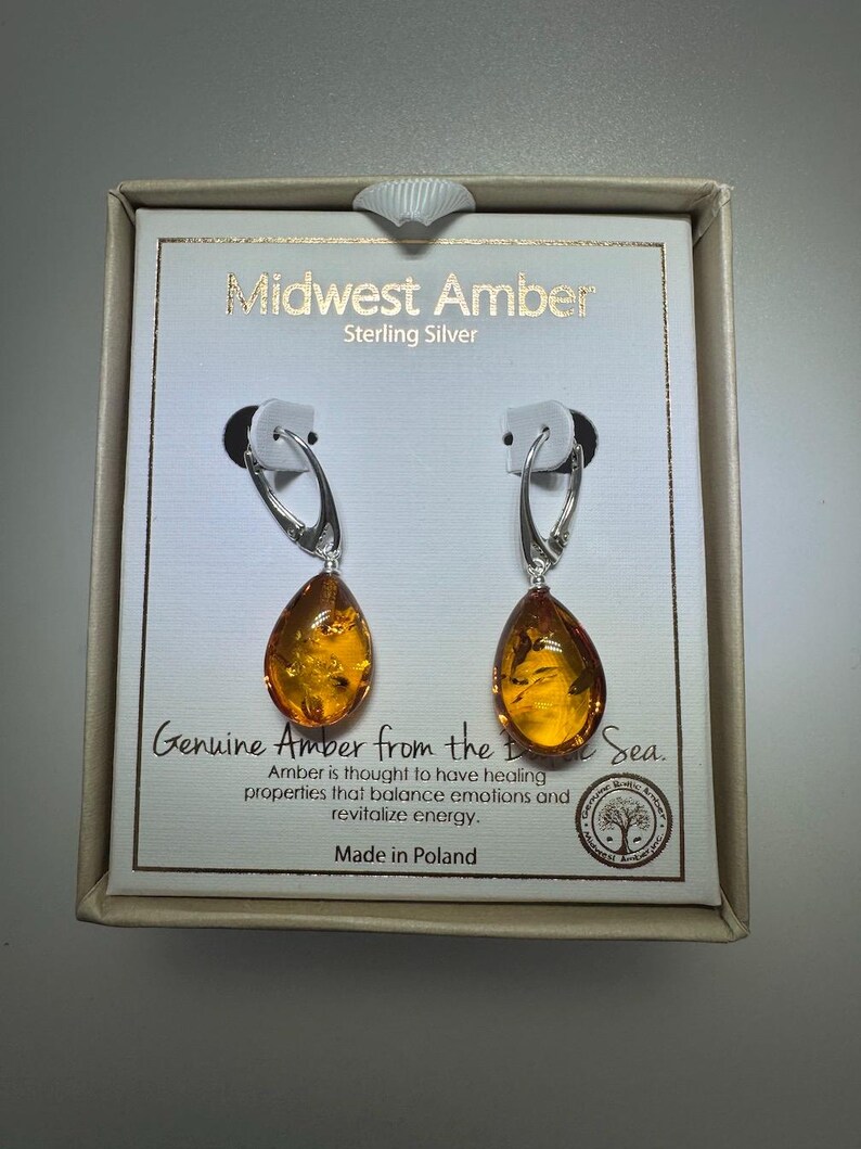 Sterling silver genuine Baltic amber teardrop leverback earrings image 11