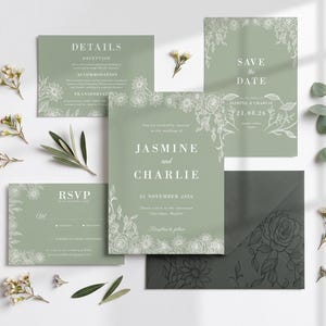 May include: A sage green wedding stationery set featuring white floral line art illustrations. The set includes a main invitation for Jasmine and Charlie, a Save the Date card, a Details card, an RSVP card, and a dark gray envelope with floral patterns.