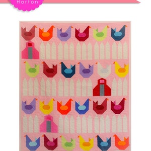 May include: A quilt pattern featuring a pink background with a white picket fence and colorful chickens. The pattern is called "Cluckers" and is part of the "The Little Pink Barn Series". The quilt is 72 inches by 84 inches and is fat quarter friendly.
