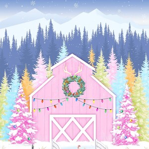 May include: A pink barn with a wreath on the door and Christmas lights. There are snow-covered trees and a blue tractor in front of the barn. There are also chickens in the snow.