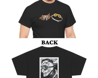 Mensur Dueling Scar Portrait T-Shirt - Black Tee with Close-Up Vintage Fencer and Mensurbrille Goggles - German Academic Fencing History