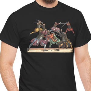 Camiseta con espada larga de Joachim Meyer de 1570 - Grabado en madera a color del Tratado del Manual Histórico de Esgrima para Espadachines