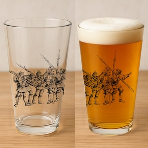 Renaissance Pint Glass - Procession of Bear Hunters with Spears - Drinking Glass with Wraparound 16th c. Woodcut - Unique Bar Gift