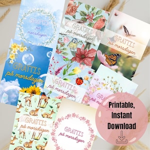 Puede incluir: Tarjetas digitales imprimibles con un tema floral y natural. Las tarjetas presentan el texto "Grattis på morsdagen", que se traduce como "Feliz Día de la Madre" en español.