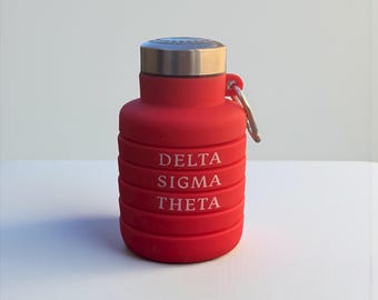 Personalized Delta Sigma Theta Silicone Accordion Water Bottle with Engraved Lid • BPA Free • Leak Proof with Carabiner