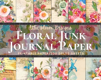 Papel de diario vintage con motivos florales, digital, imprimible, páginas para álbumes de recortes, descarga instantánea