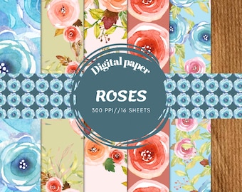Watercolor Rose Digital Paper Pack, 16 Floral Backgrounds, Printable Scrapbook Paper, Junk Journal Ephemera, 300 DPI, Instant Download