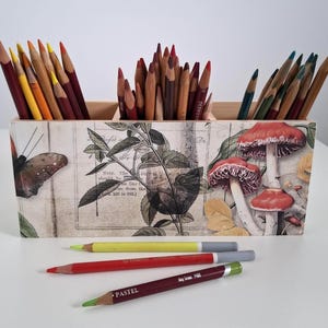 Holzhalter mit 3 Fächern mit Pilzen, Decoupage-Schreibwaren-Organizer, Make-up-Pinselhalter
