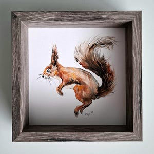 Dipinto originale di scoiattolo / Ritratto di animale / Dipinto originale ad acquerello / Arte murale della fauna selvatica / Idea regalo fatta a mano / Incorniciato ~17 x 17 cm