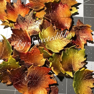 Könnte beinhalten: Eine Ansammlung essbarer Ahornblattdekorationen in Herbstfarben. Die Blätter sind gold, orange, rot und braun, mit detaillierten Adern. Der Text "By Sweetedibles" ist sichtbar.