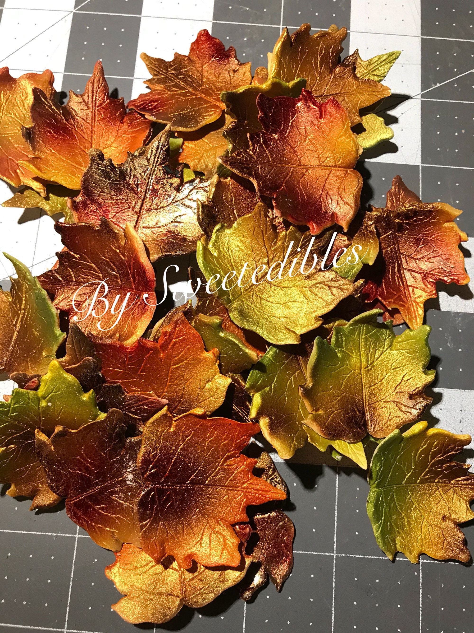 12 Novelty Autumn Gold Maple Leaf Edible Cake Cupcake Toppers Decorations Leaves 