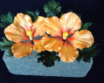 Gum Paste Hawaiian Hibiscus Cake Decorations Yellow and Orange Gumpaste