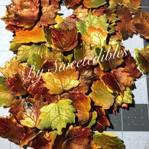 May include: A collection of edible autumn leaves in gold, green, and red hues. The leaves have a shiny finish and are displayed on a grey surface. The text "By Sweetedibles" is visible.