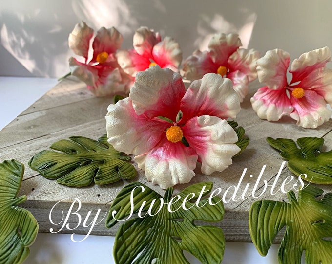 Gum Paste Hawaiian Hibiscus Flower Cake Decorations Pink Gumpaste Fondant