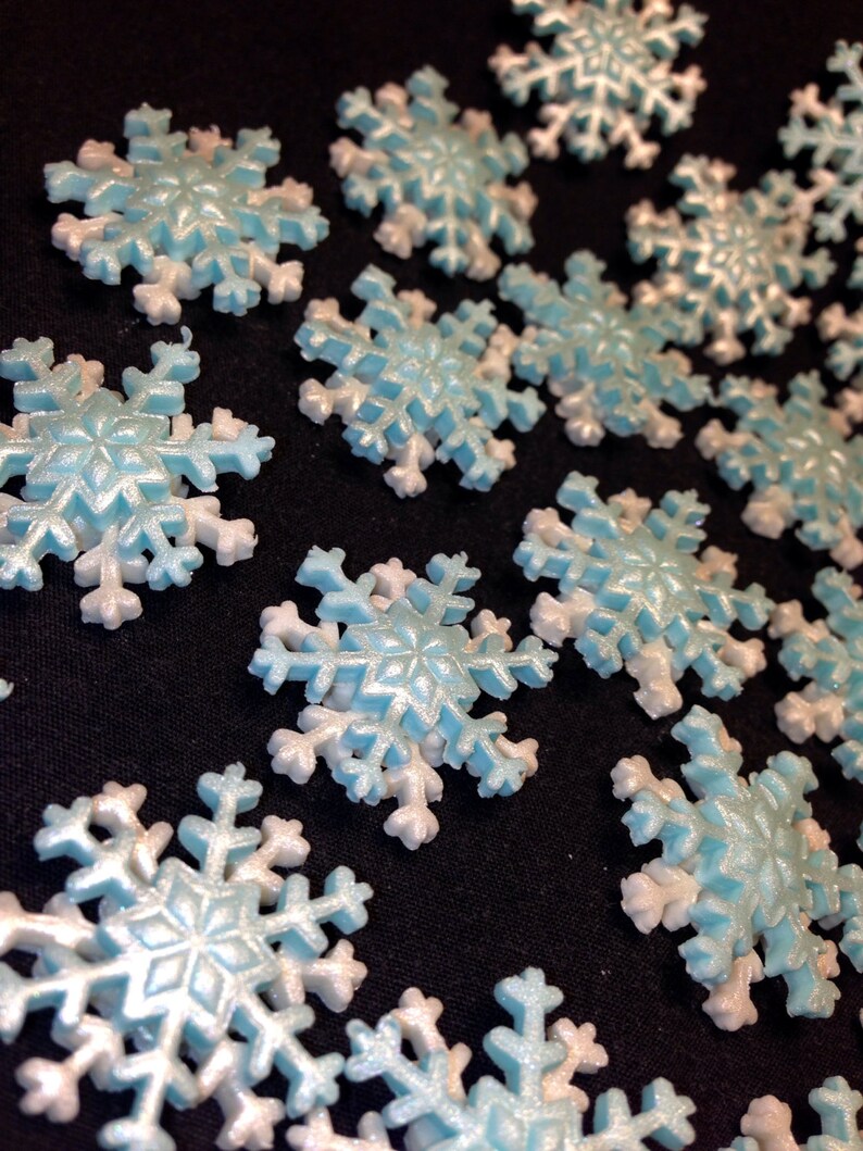 FROZEN THEME Edible 24 Small Snowflakes Blue and White Cake Toppers