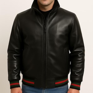 Handmade Embossed Black Leather Bomber Jacket: Men&#39;s Soft Finish