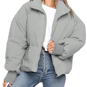 Light Grey Puffer Jacket: Women&#39;s Quilted Zip-Up Winter Coat