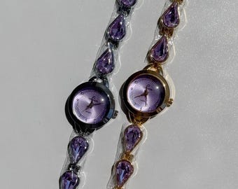 VINTAGE UNSIGNED BEAUTIFUL ORIGINAL SPRING BRACELET WATCH PURPLE FLORAL VTG 80 main image 3