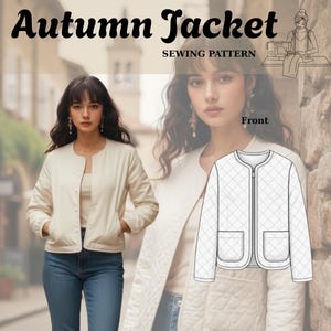 May include: Cream-colored quilted jacket with a round collar, button closure, and front pockets. The image also features a sewing pattern illustration of the jacket, along with the text "Autumn Jacket Sewing Pattern". The model is wearing blue jeans and white sneakers.