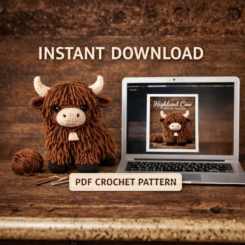 A crocheted Highland cow with brown shaggy fur, white horns, and a cream-colored face sits next to a laptop displaying a similar image. The words "INSTANT DOWNLOAD" and "PDF CROCHET PATTERN" are visible.