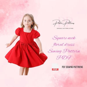 Könnte beinhalten: Ein junges Mädchen trägt ein rotes Blumenkleid mit quadratischem Ausschnitt. Das Bild enthält den Text "Square neck floral dress Sewing Pattern PDF" und das Logo "Pintie Patterns Sewing Pattern Store".