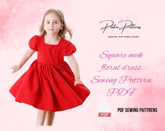 Mädchen Puffärmel Kleid Schnittmuster PDF | Optionen für quadratische und runde Halsausschnitte | Kleinkind Kinder Größen 1-12 Instant Download Schnittmuster