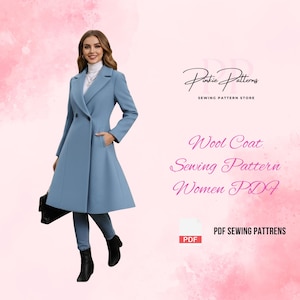 Könnte beinhalten: Hellblauer Wollmantel mit maßgeschneidertem Design, mit doppelreihiger Front und ausgestelltem Rock. Das Bild enthält den Text "Wool Coat Sewing Pattern Women PDF" und das Logo "Pinkie Patterns Sewing Pattern Store."