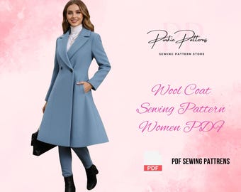 Wolle Frauen Mantel Schnittmuster Frauen PDF | Maßgeschneiderter Mantel-Muster | Schnittmuster für eine lange Winterjacke | Digitales A4 PDF Mantel Schnittmuster