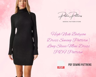 High Neck Bodycon Dress Sewing Pattern | Long Sleeve Mini Dress PDF Pattern | Mock Neck Fitted Dress Digital Download | DIY Sewing A4 A0 PDF