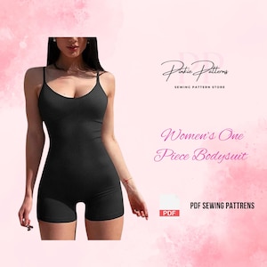 Könnte beinhalten: Ein schwarzer, gerippter Einteiler mit Spaghettiträgern. Das Bild enthält den Text "Women's One Piece Bodysuit" und "PDF Sewing Patterns". Der Hintergrund ist ein zartes Rosa mit Aquarellakzenten. Das Logo "Pintie Patterns" ist ebenfalls sichtbar.